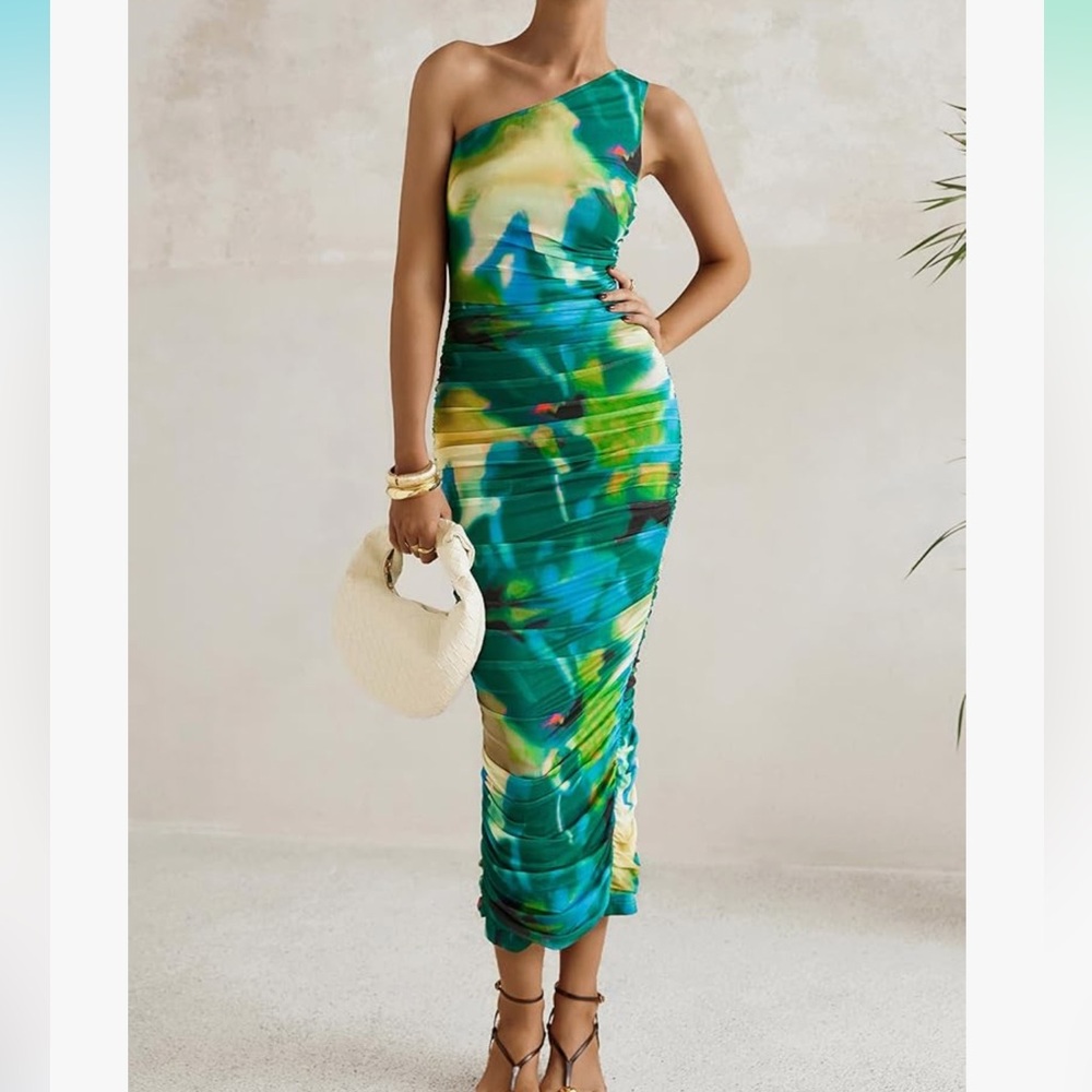Prettygarden Vibrant One-Shoulder Dress in Green and Blue - Picture 4 of 10